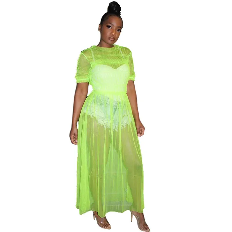 Summer See Through Mesh Maxi Dress Women O-neck Short Sleeve Tunic Pleated Long Sexy Party Beach Wear Sundress Vestidos | Женская одежда