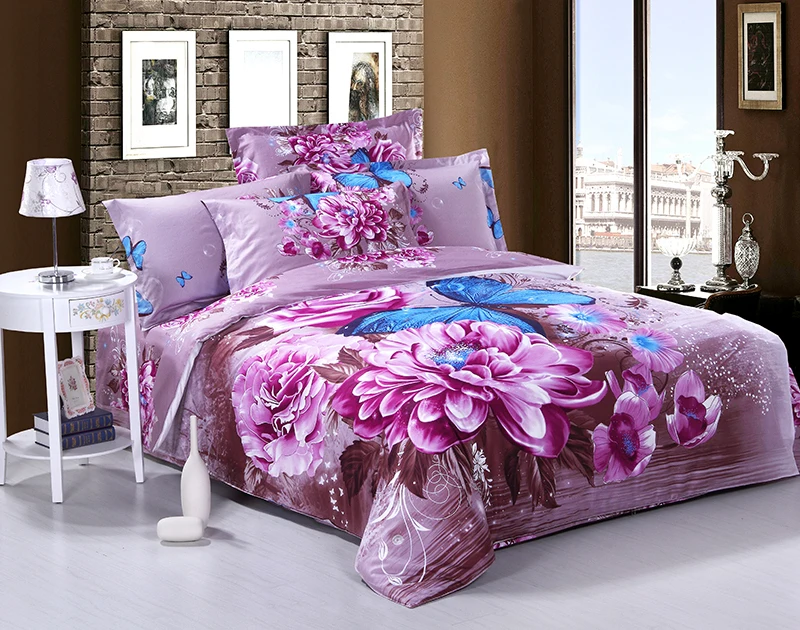 3D Purple floral blue butterfly cotton bedding comforter set queen size