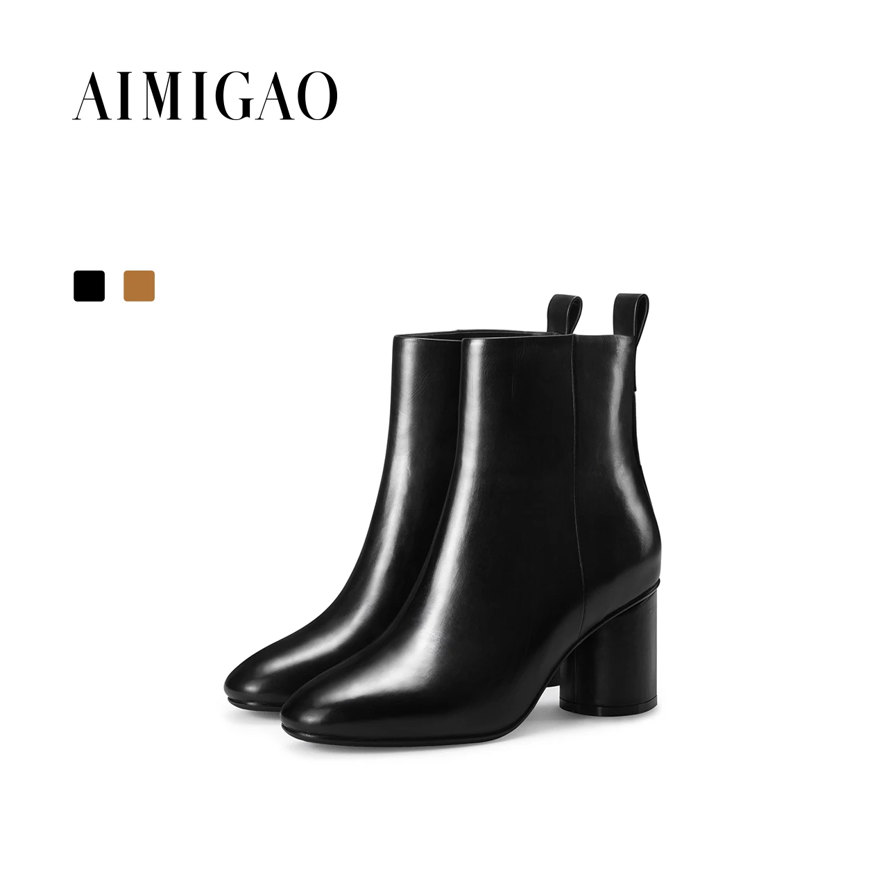 

AIMIGAO cowhide Leather round toe ankle boots para mulheres salto quadrado 2017 winter new female side zipper Fashion boots