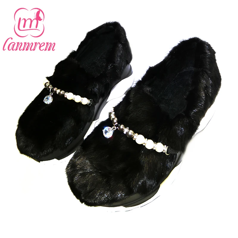 

[LANMREM] 2017 Winter fashion new pattern splice color round toe footstring diamond pearls shoes women V838