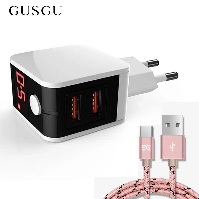 

GUSGU USB Charger Dual Fast Phone Charger Adapter EU Port with USB Type-C Nylon Cable For Samsung Galaxy S9 S8 Huawei Oneplus