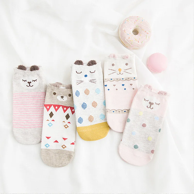 5 пар, новинка, женские хлопковые носки, розовые милые носки с котом, короткие носки, повседневные носки с ушками животных, красные носки для девочек, 35-40