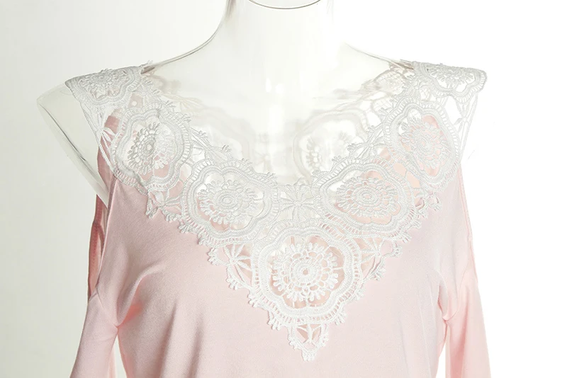 Women Blouse Shirts Sexy Solid Color Cold Shoulders V-Neck Lace Splicing Slim Long-Sleeved Shirt WS5858R