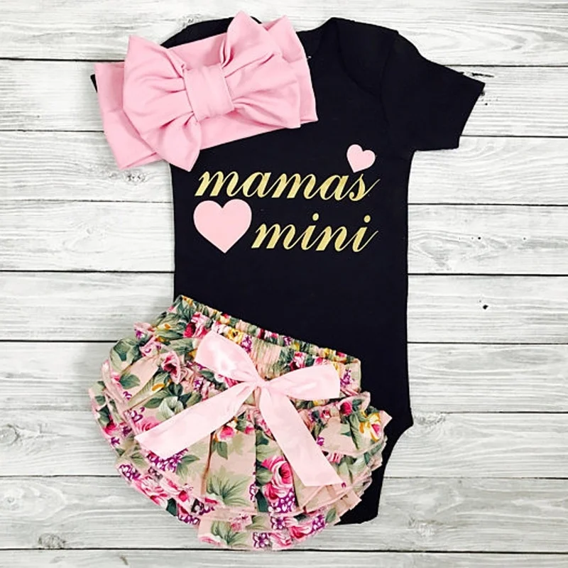 

0-24 Months Mamas Mini 3PCS Baby Girls Suit Clothes Black Romper Floral Shorts with Headband