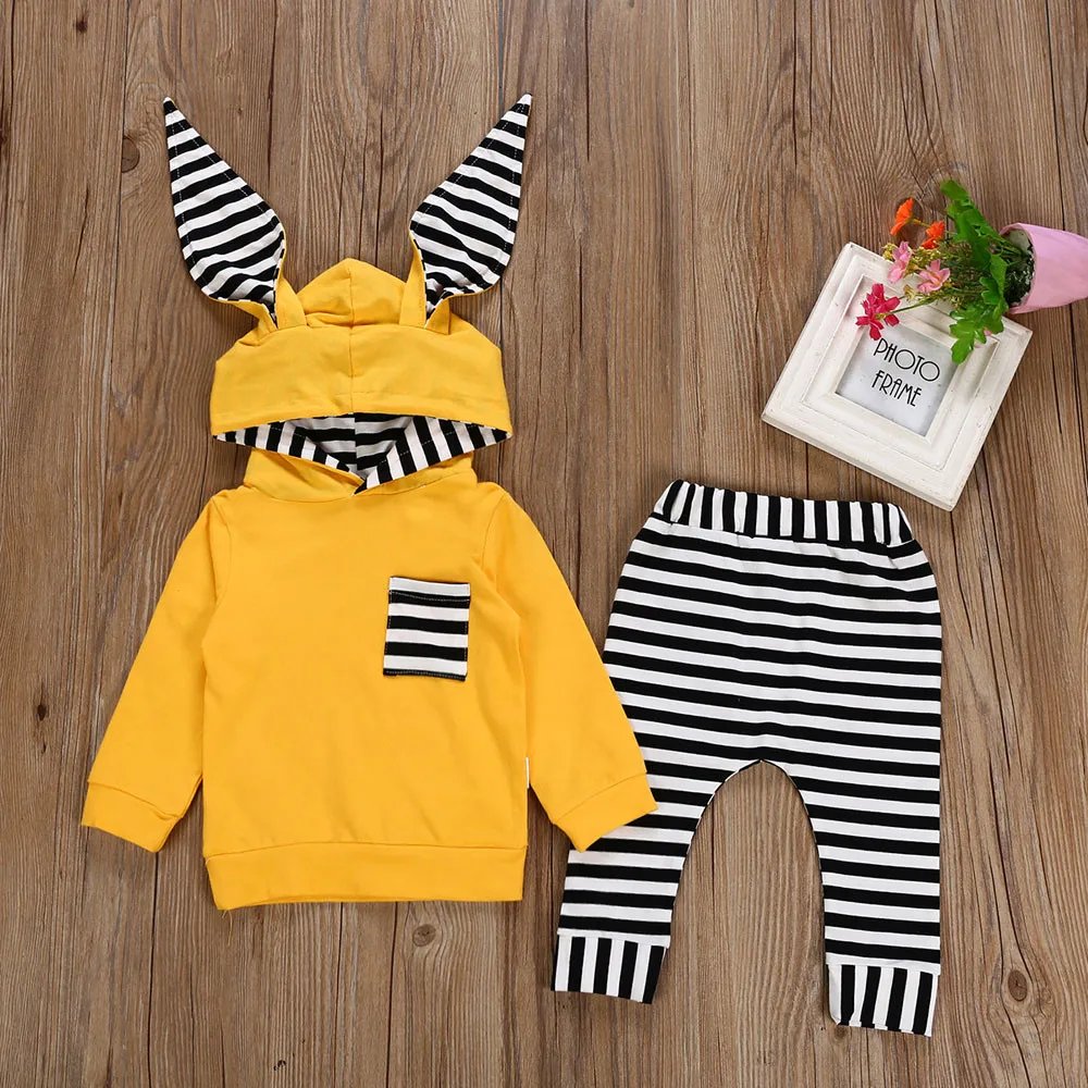 

Infant Baby Boy Girl Fashion 3D Bunny Ear Striped Hooded Cotton Blend T shirt Tops+Pants Clothes Set