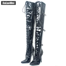 JIALUOWEI/ботфорты выше колена с острым носком; сапоги до бедра из лакированной кожи на тонком каблуке 12 см; сапоги на шнуровке; экзотические; Фетиш; пикантная обувь; большие размеры
