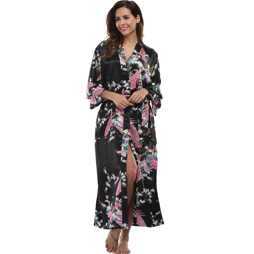 Yying Women Short Kimono Robes Bride Bridesmaid Peacock and Blossoms Stain Silk Nightwear 
