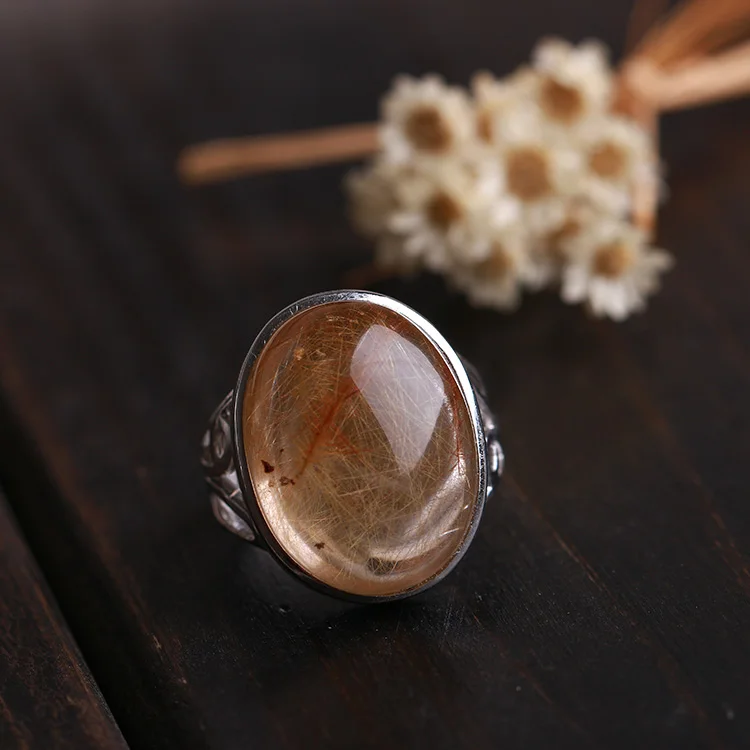 Золотое кольцо с натуральным кристаллом для волос, серебряное кольцо S925 пробы, красное кольцо из кроличьей шерсти, подарок для мужчин и женщин, Кристальное кольцо, ювелирное изделие
