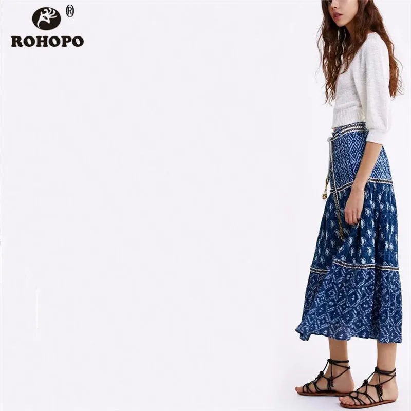 

ROHOPO Vintage Patchwork Pleated Midi Skirt Boho Fashion Autumn Ladies Flare Hem Double Layer Multiways Skirts #AZ9258