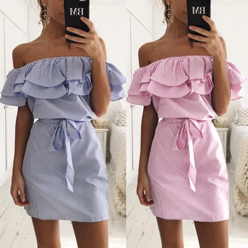 

Summer Off Shoulder Ruffle Striped Dress Robe Sexy Women Beach Mini Dress Casual Short Dress with Belt Vestidos de Fiesta 2020
