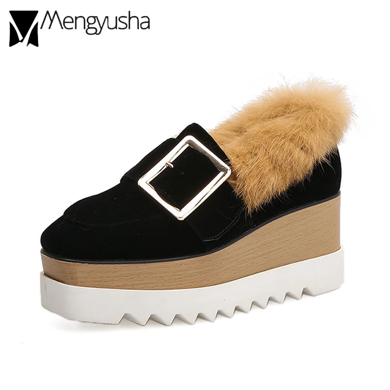 preppy style buckle thick bottom shoes woman rabbit fur brogue shoes winter flock platform shoes woman real fur flat espadrilles