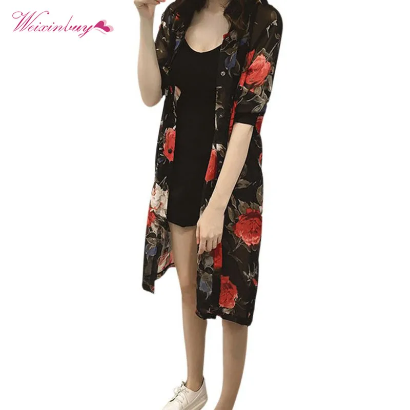 

Summer Chiffon Blouse for women Long Shirt Vintage Floral Print Half Sleeve Kimono Harajuku Cardigan Female Ladies Sunproof Tops