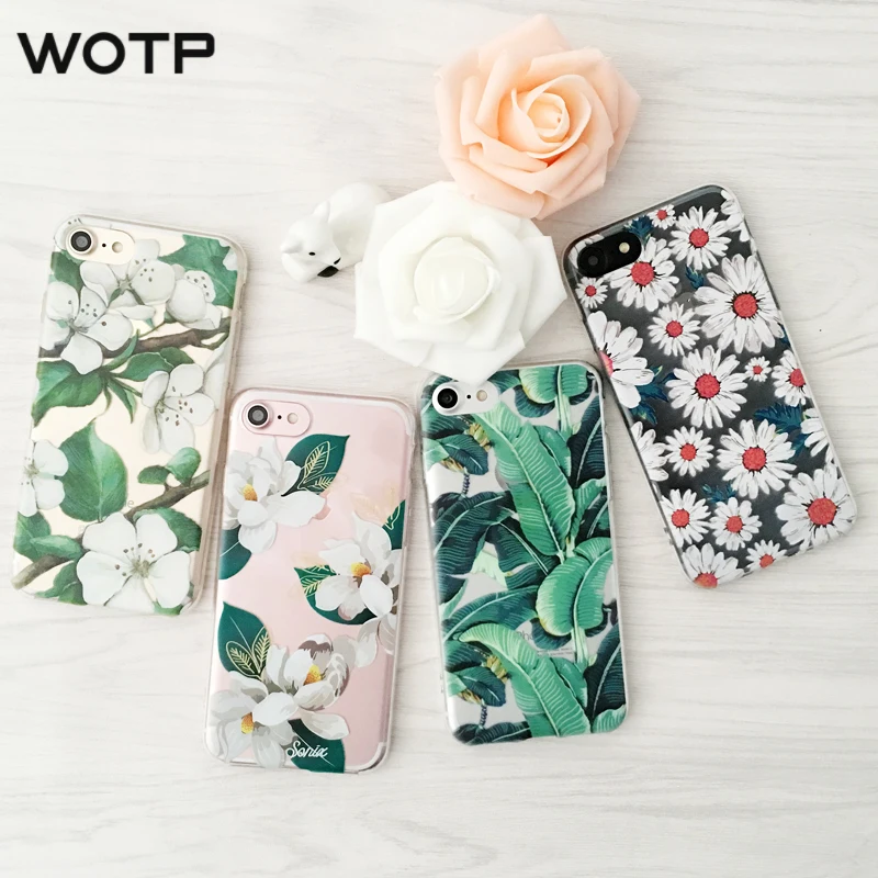 WOTP Summer Banana Leaf Daisy Flowers Soft TPU Phone Case For iphone X 6 6S 7 8 Plus Cute Cartoon cape jasmine flower Back Cover |