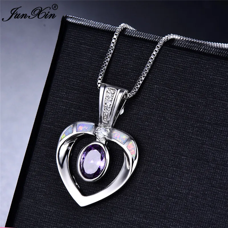 

Boho Female Oval Heart Pendants Necklaces Fashion 925 Sterling Silver Wedding Jewelry White Fire Opal Chain Necklaces For Women