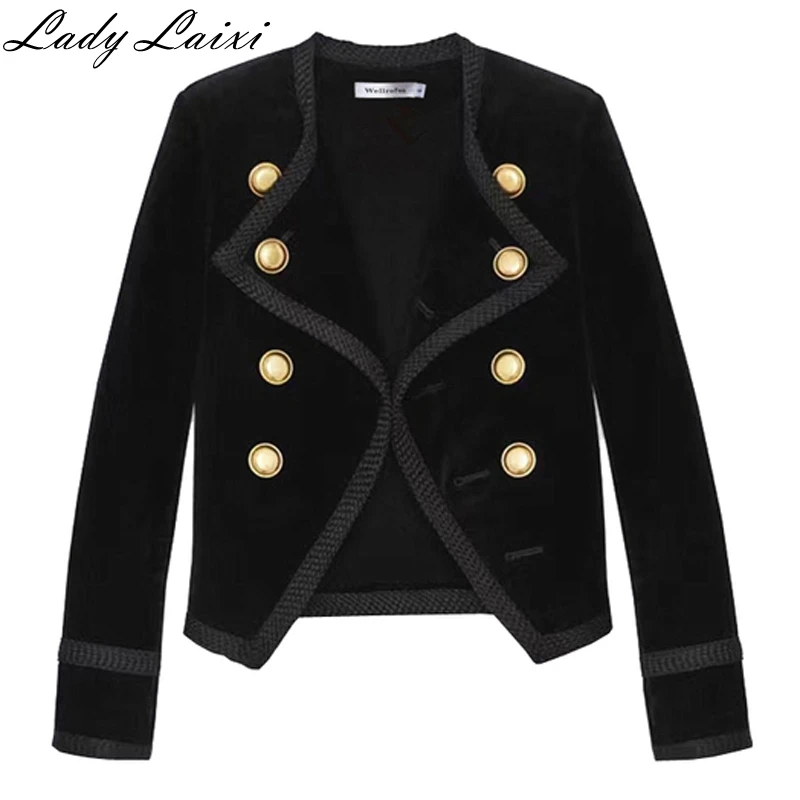 

Autumn Winter Runway High quality Women Notched Collar Short Jacket Coat Double Breasted Suit Female Velvet Black Slim Outwear