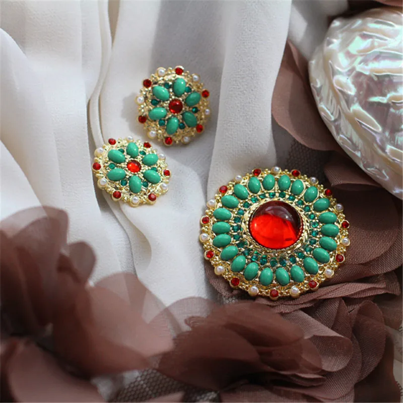 

New inlaid red and blue semi-precious stones brooch 925 silver needle stud earrings ear clips necklace suit