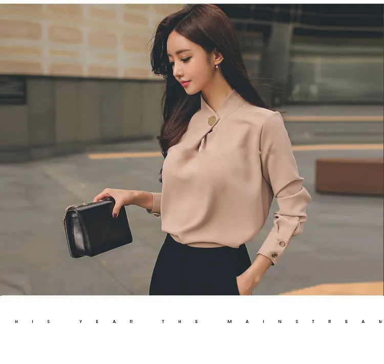 Весенние шифоновые рубашки с длинным рукавом и стоячим воротником, Женская офисная одежда, офисные шифоновые блузки, женские повседневные шифоновые пуловеры