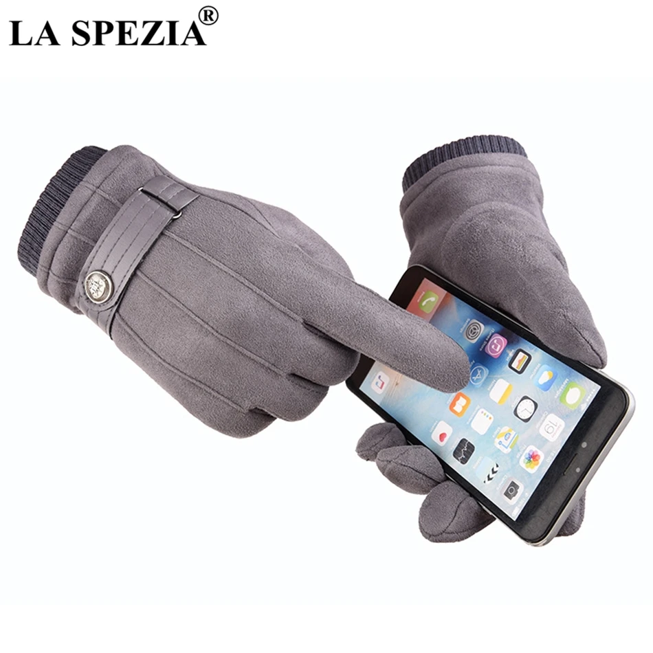 Ла Специя зимние мужские перчатки Термальность хаки замшевые перчатки с пряжкой Сенсорный экран мужской коралловый толстый бархат