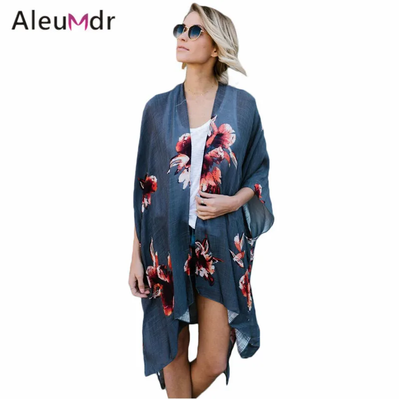 

Aleumdr Summer Clothing Styles Beachwear White/Black Floral Print Kimono Women Swimsuit Cover Up LC85045 Saida De Praia