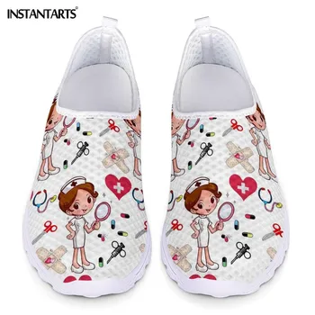 INSTANTARTS New Cartoon Nurse Doctor Print Women Sneakers Slip On Light Mesh Shoes Summer Breathable Flats Shoes Zapatos planos instantarts summer sneakers nurse flats shoes 3d cartoon nursing print women casual lace up mesh walk sneakers zapatillas mujer