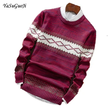 

YASUGUOJI 2019 Autumn New Arrival Casual Contrast Color Pullover Mens Sweaters Rib O-neck Knitted Christmas Sweater Men