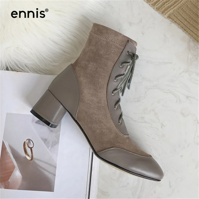 

ENNIS 2019 Women Lace Up Ankle Boots Genuine Leather Square Heel Flock Stretch Boots Round Toe Shoes Autumn Female Booties A978