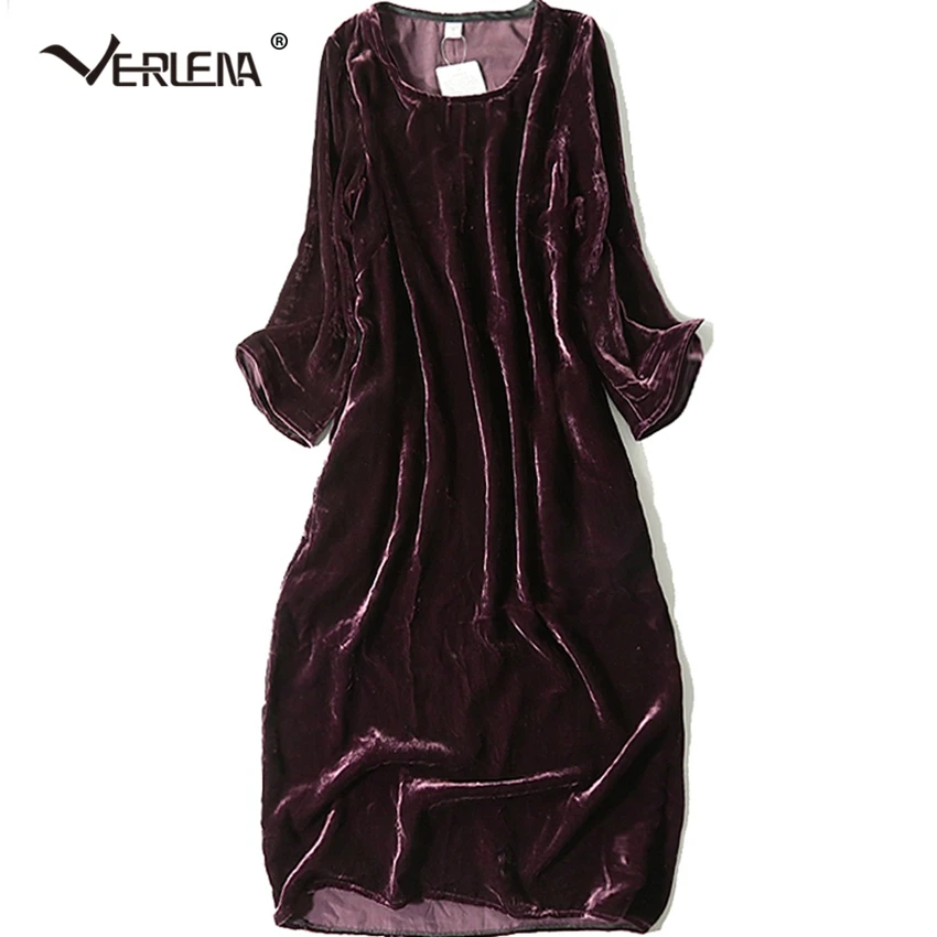 

Pocket Sheen Silk Made Pleuche Solid Wine Red Spring Dress Women 2019 VERLENA Autumn O-Neck Mid-Calf Casual Loose Inside Dress