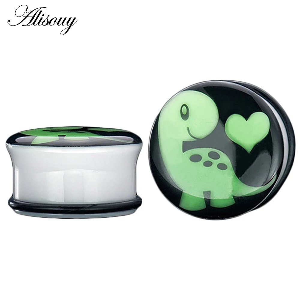 Alisouy 1pair Cute Luminous Dinosaur Dragon Flesh Tunnels Acrylic Lovely Ear Plugs And Gauges