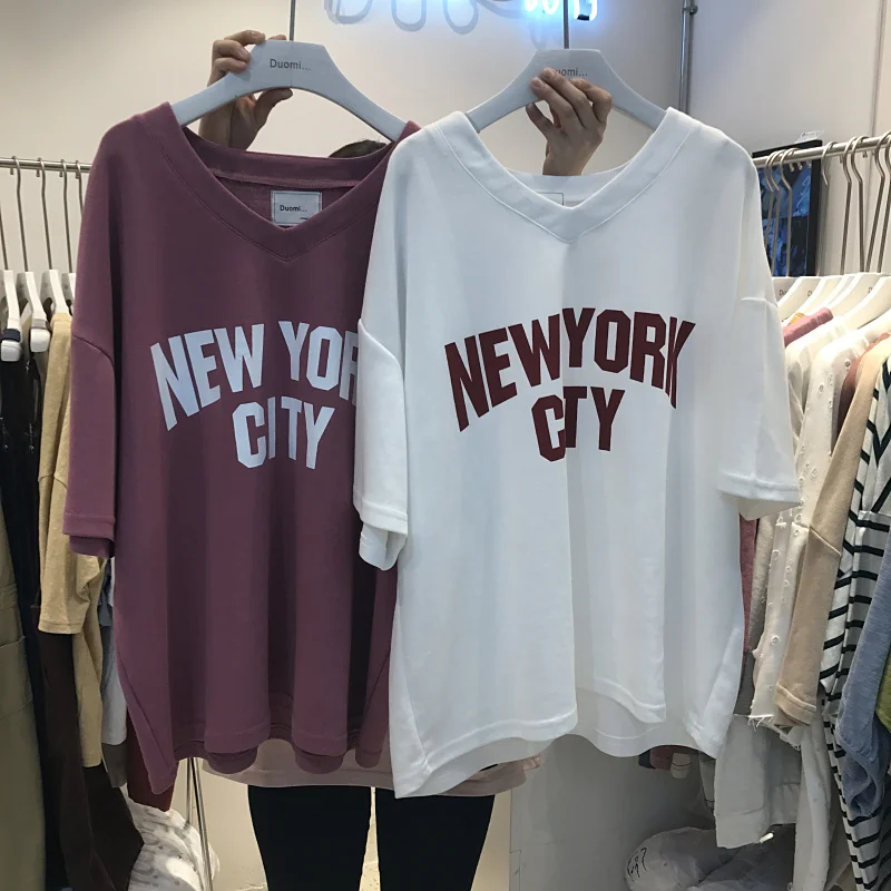 Casual Printed Letters Women's White T-shirts 2018 New Summer Loose V Neck All Match Ladies Pullovers Short Sleeve Female Tops | Женская
