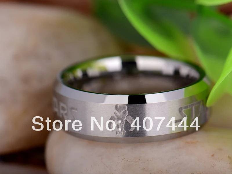 

Free Shipping USA UK Canada Russia Brazil Hot Sales 8MM Silver Bevel Satin Center Star Wars Men's Tungsten Carbide Wedding Ring