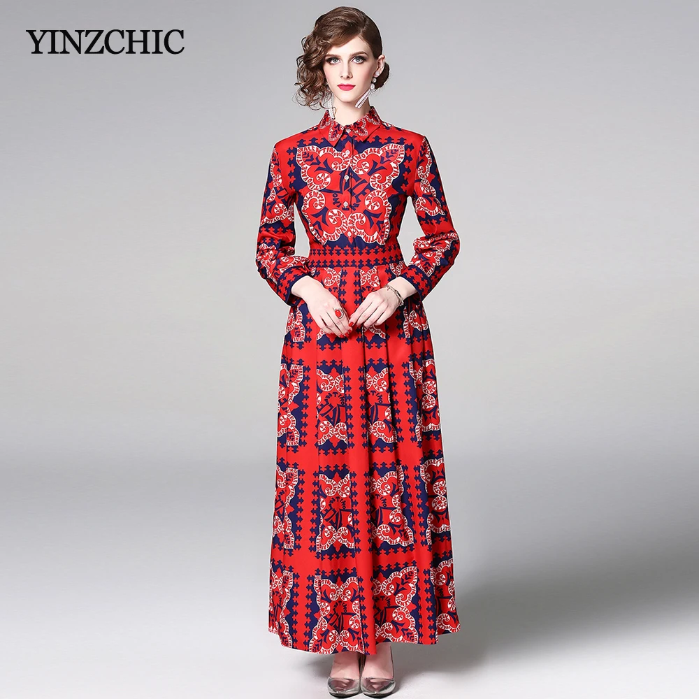 

Fashion Womans Print Maxi Dress Turn-down Collar Ladies Long Party Dresses Ethnic Printed Ladies A-line Dress Spring Dress Woman