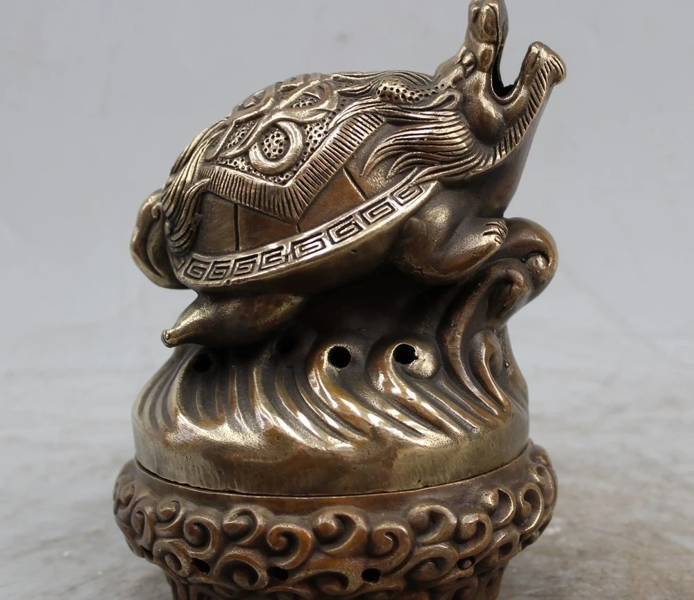 

6" Old China Chinese Dynasty Palace Bronze Dragon Turtle Statue Incense Burner