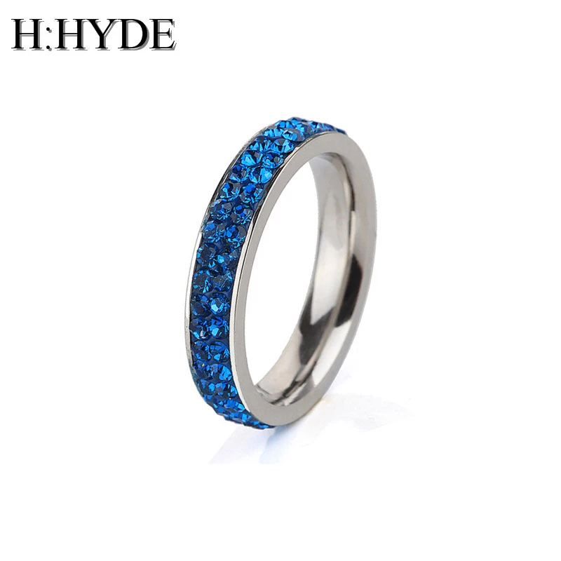 H:HYDE Full Size 2 Row Clear Crystal Stainless Steel Wedding Rings For Women Fashion Jewelry CZ Crystals Men Ring anillos mujer