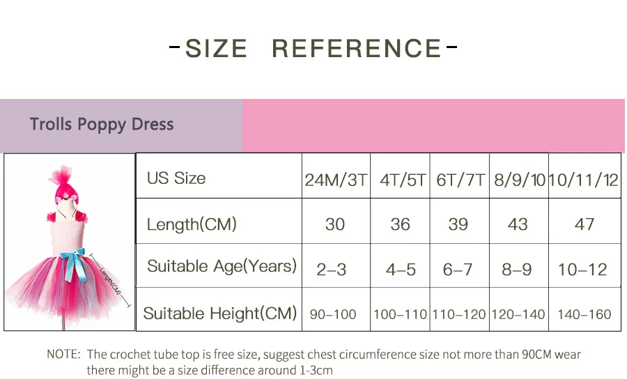Princess Trolls Poppy Children Tutu Dress with Headband Poppy Birthday Tutu Costume Baby Girl Halloween Cartoon Tulle Dress