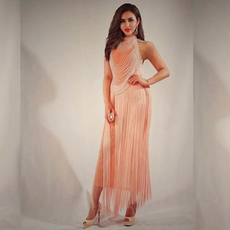 

2018 Elegant Sleeveless PInk Maxi Mesh Beads Dress Solid Fashion Summer Chic Sexy Tassel Summer Evening Celebrity Party Dresses