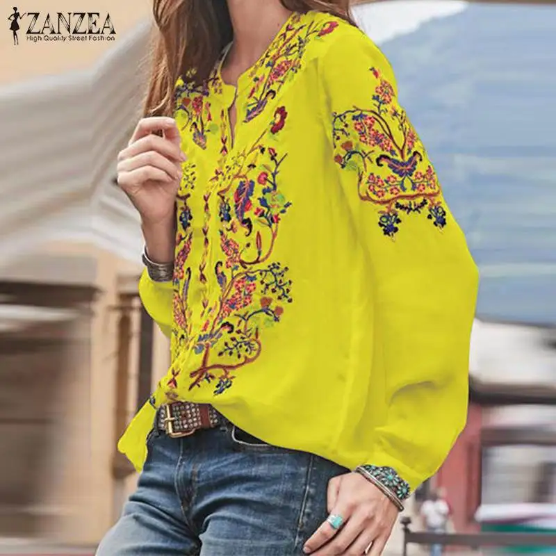 Женская блузка с принтом, модные топы ZANZEA, богемная сорочка с v-образным вырезом, рубашки с длинными рукавами, женские повседневные блузы, туника большого размера