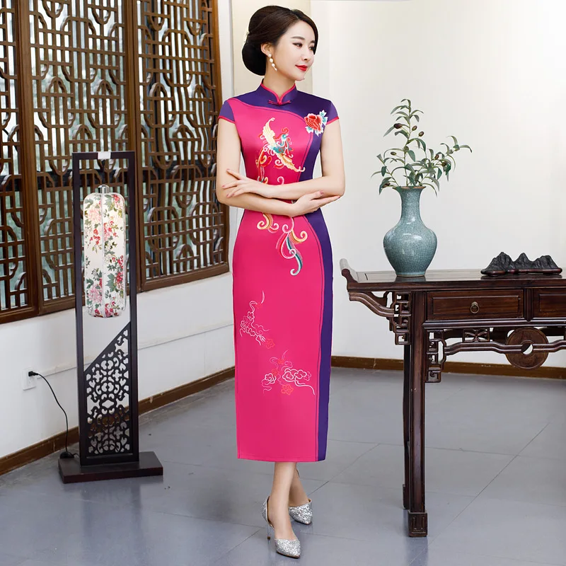 Весеннее длинное платье Qipao женское традиционное атласное шелковое китайское с