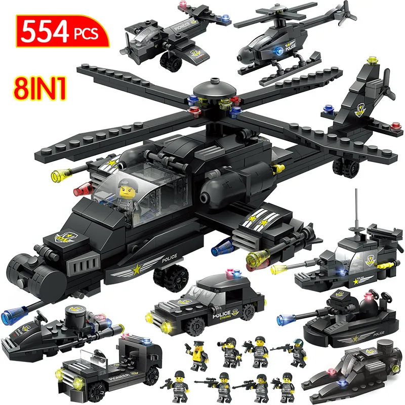 

8 in 1 City SWAT Building Blocks Compatible Legoing City Police Helicopter Car Boat Vehicle Police Figures Bricks Toys for Boys