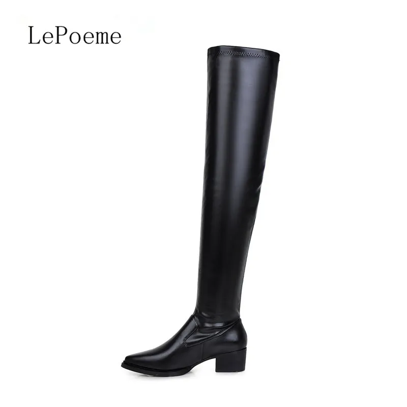 

Low-heeled Knee Boots 2015 Latest Slip-On Long Boots Winter Short Plush Woman Shoe Pointed Toe Black Low-heeled Knee Boots