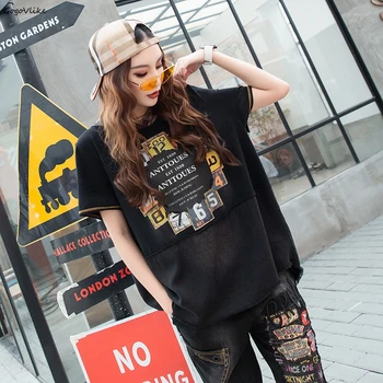 

Number Print Punk Clothing Hooded Tops 2019 New Summer Women Cotton T shirts Casual Pullovers TShirt Black Shirts LT049S30