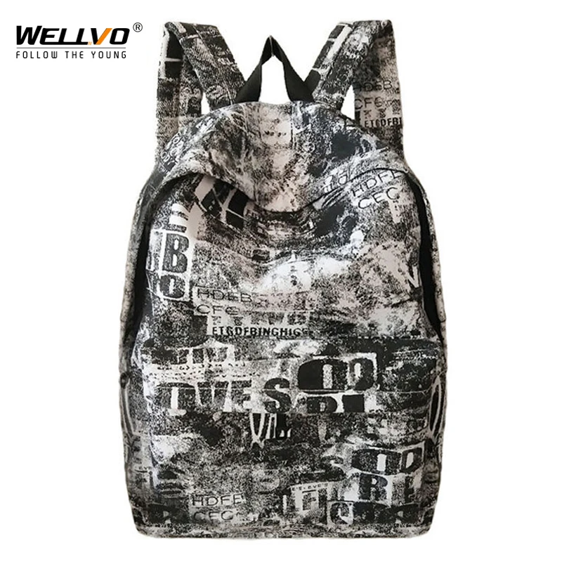 Graffiti Backpack Letters Printing Men Canvas Laptop Backpacks Teenage