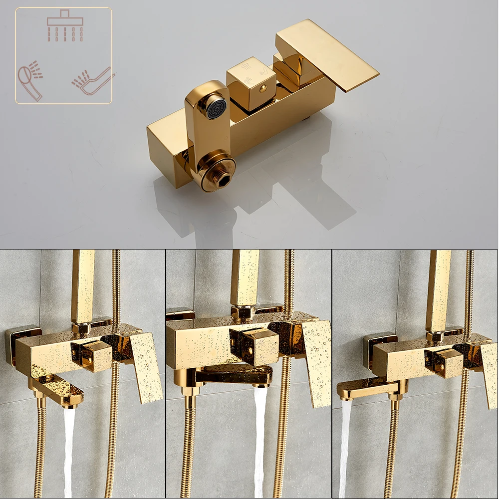 Bathroom Shower Faucet Set Rozin Golden Bathroom Shower Faucet Set 8" Rainfall Shower Mixer Crane Wall Mounted with Hand Bath Rain Column Tap