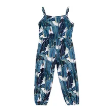 Детский летний длинный комбинезон без рукавов с открытой спиной для девочек с рисунком листьев M09