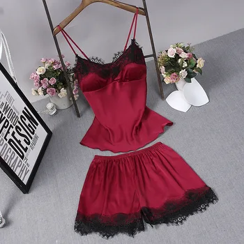 

Summer NEW Ice Faux Silk Shorts Home Clothing Sleep Shirt Strap Lace Babydoll Lingerie Loose Sleepwear Nightwear Pajamas Set