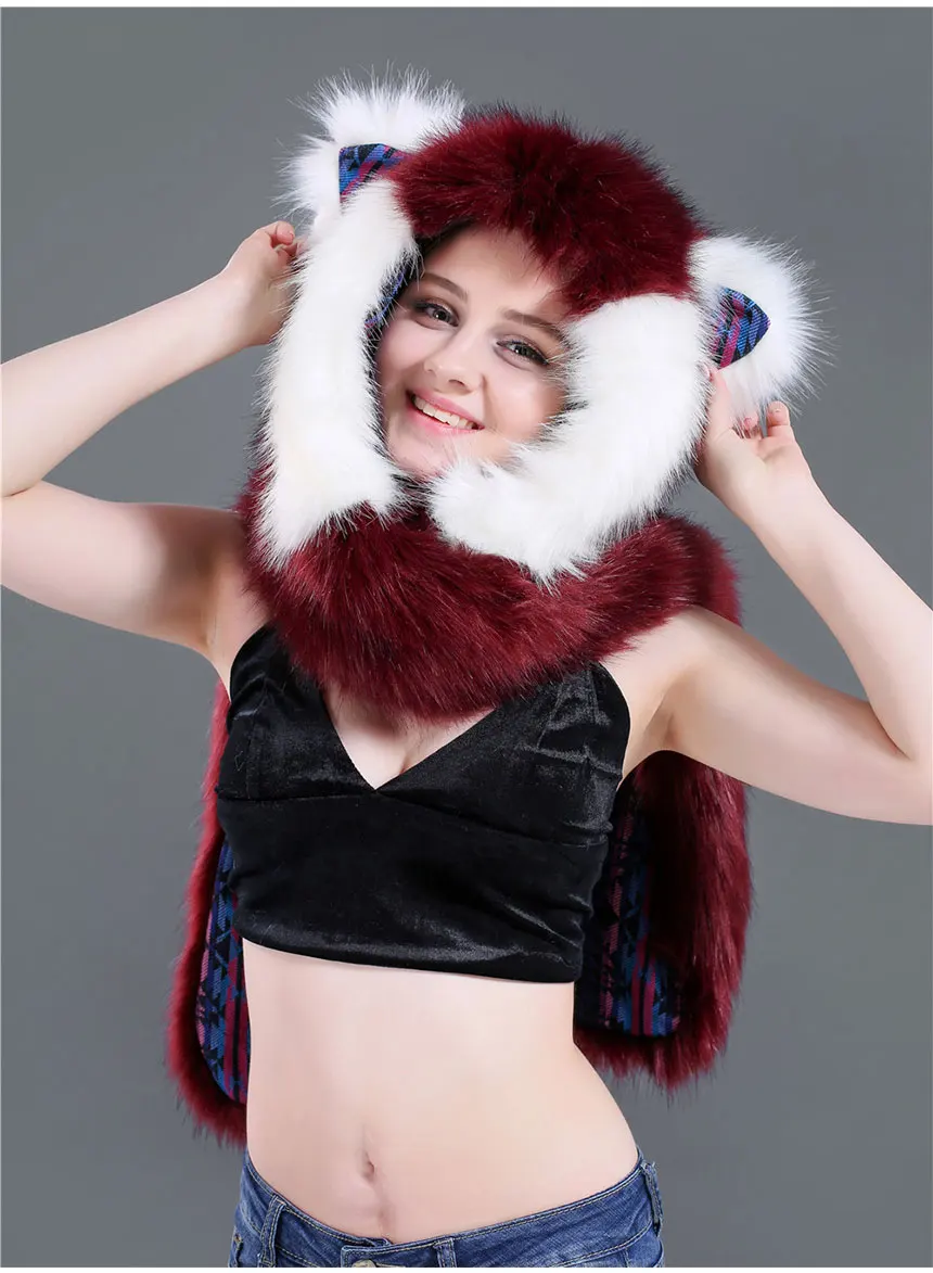 Животное лиса шляпа Хэллоуин костюм из искусственного меха с капюшоном модная шапка 3в1 белые винно-красные женские шляпки и шарфы варежки аксессуары Hiver