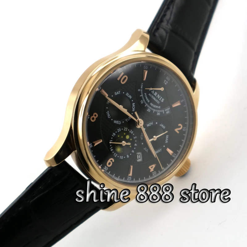 

42mm parnis black dial golden case Multifunction Sapphire Glass 26 jewels miyota 9100 Automatic mens Watch