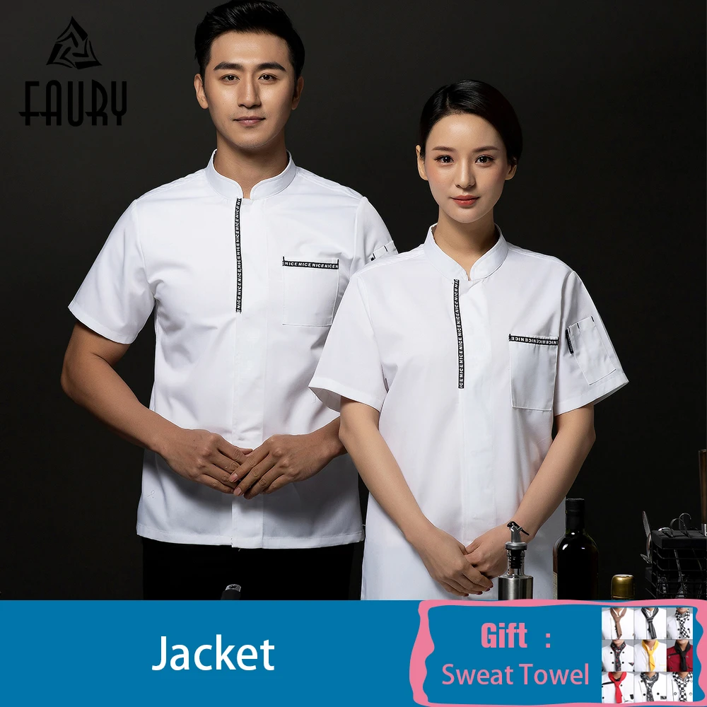 

Chef Restaurant Uniform Unisex Cook Jacket Waiter Waitress Hotel Kitchen Cafe Bakery Short Sleeve Work Clothes Free Scarf Gift