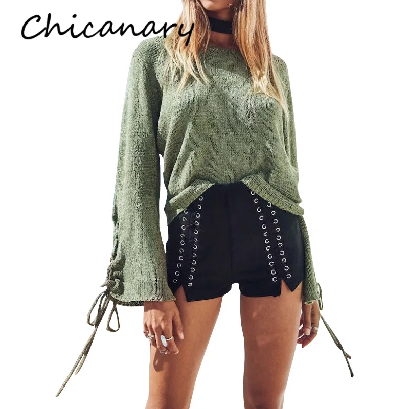 Chicanary Flare Sleeve with Lace Up Loose Sweater Women