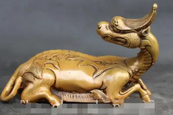 

7" Chinese Folk Fengshui Pure Bronze Carving Fu Foo Dog Unicorn Beast Statue