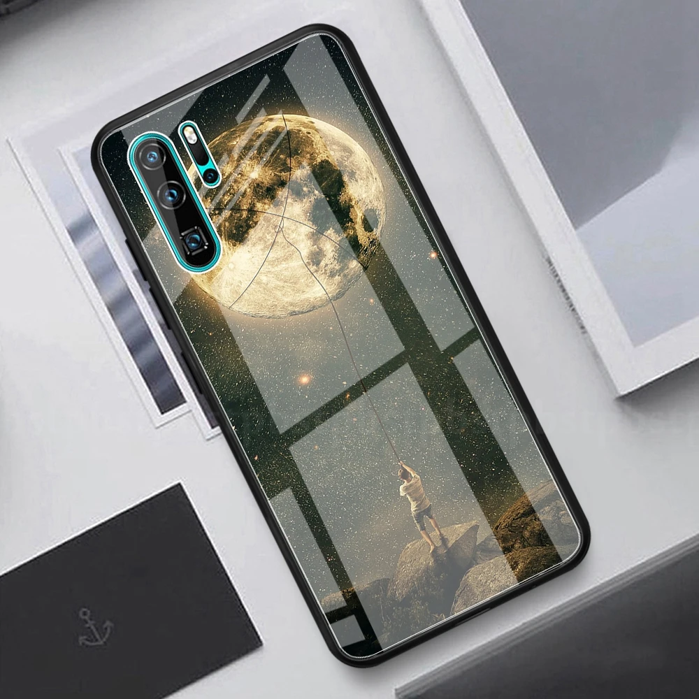 Чехол из закаленного стекла с изображением Луны и космоса для huawei P20 Lite P20 Pro P30 Lite P30 Pro, силиконовый чехол для телефона с рисунком